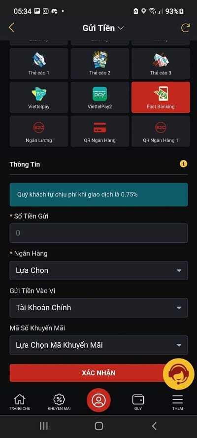 Nạp tiền bằng Fast banking